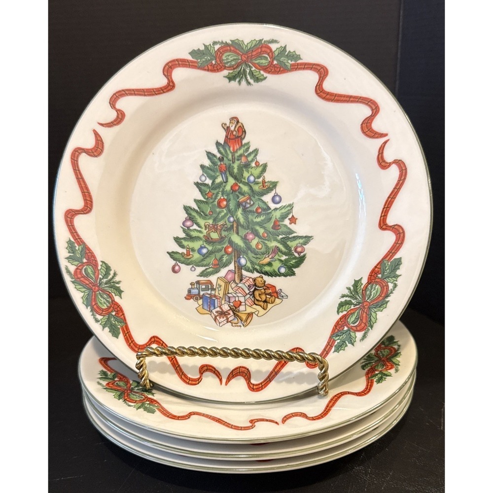 Tabletops Unlimited Christmas Holiday Holly Ribbon Salad Plates Plate Set Of 4